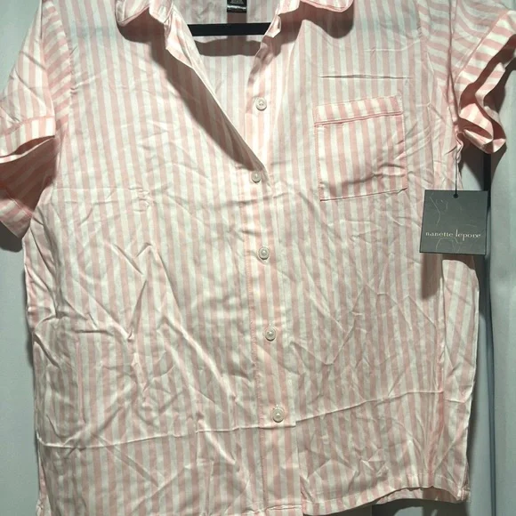 Nanette Lepore Pink Stripe Pajama Set Button Top Pants NWT Medium - Picture 2 of 6